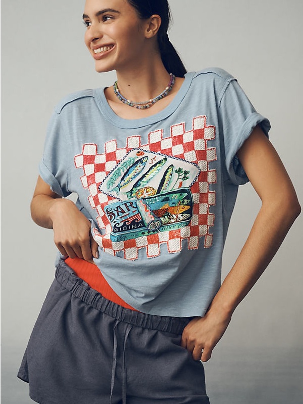 Maeve Anthropologie Sardine Graphic Linen Blend Tee XL